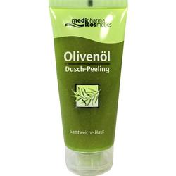 Grüne Tube mit Olivenöl-Duschpeeling für samtweiche Haut.