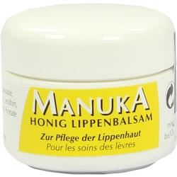 Runde Dose mit Manuka-Honig-Lippenbalsam und gelbem Etikett.