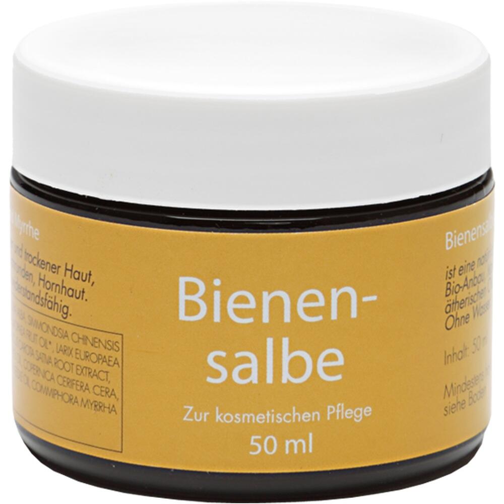 Gelbes Glas mit weißem Deckel, darauf steht "Bienen-Salbe, 50 ml".