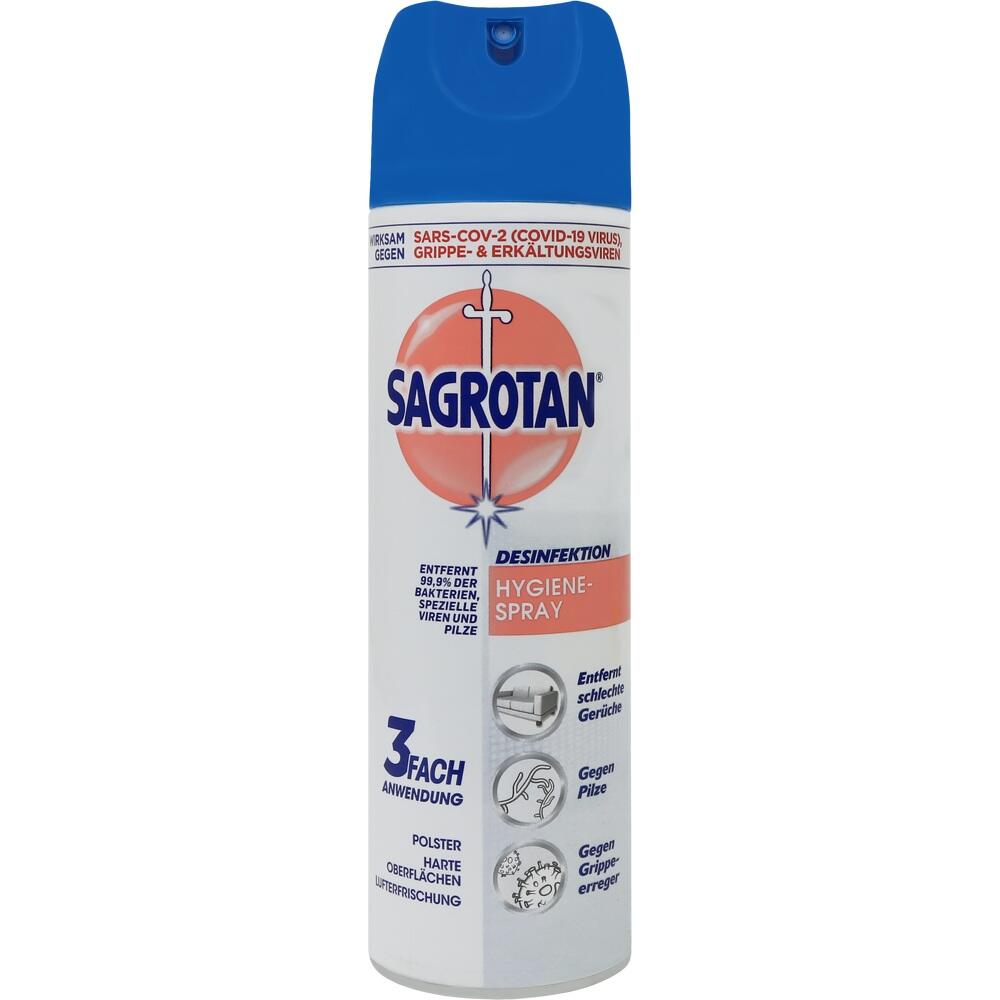 Weiße Spraydose mit blauem Deckel, beschriftet mit "Sagrotan Desinfektions-Hygienespray".